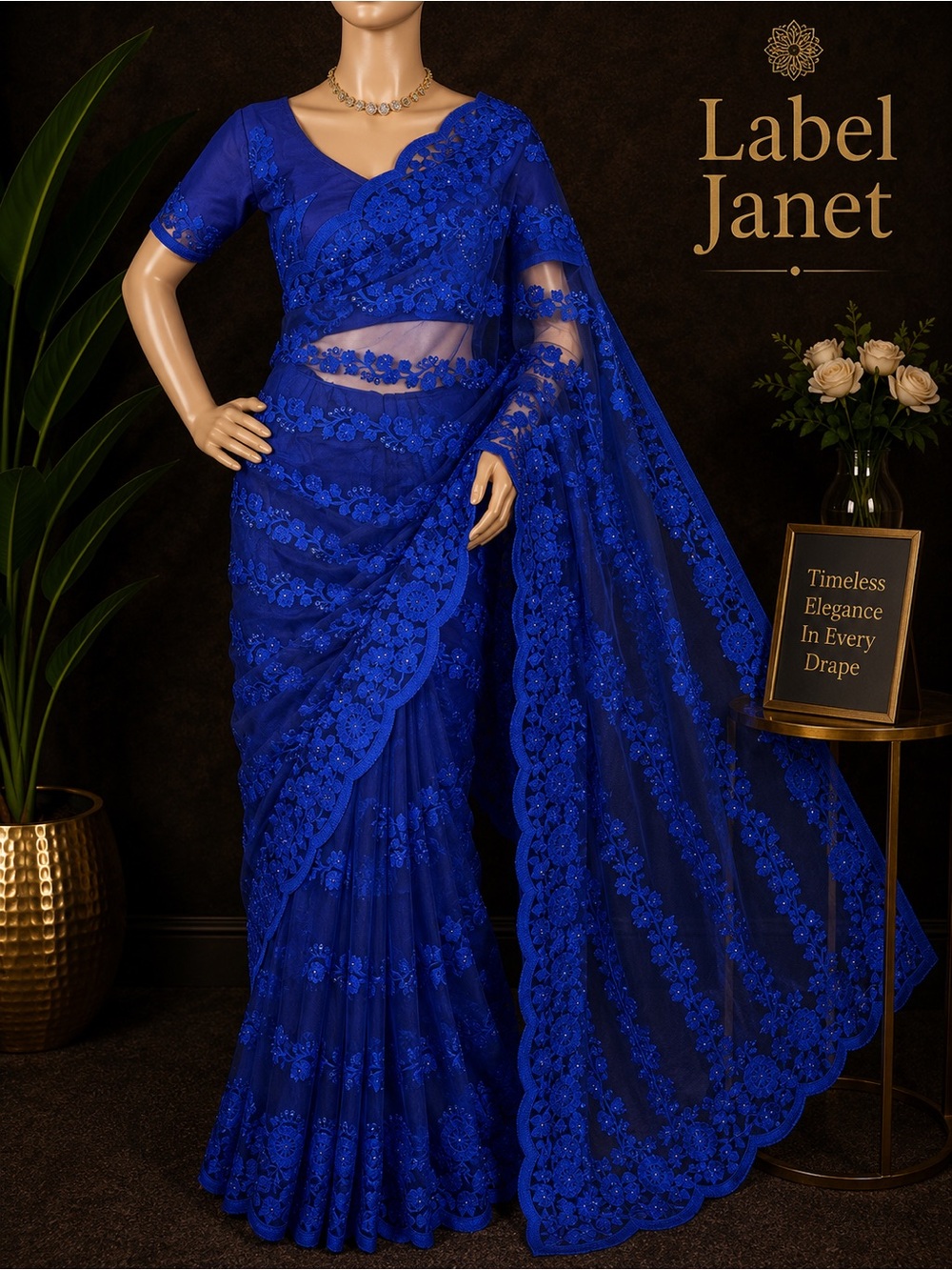 Royal Blue Embroidered Saree Set & stitched blouse (Brand New)